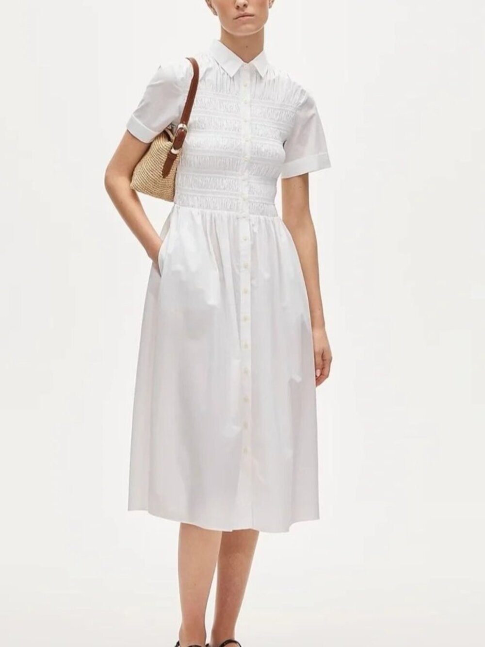 NWT J.Crew Petite Elsie Shirt-Dress MP White Smocked Midi Cotton Poplin A-Line
